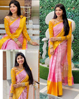 Pink With Yellow Border Banarasi Soft Silk Saree With Blouse