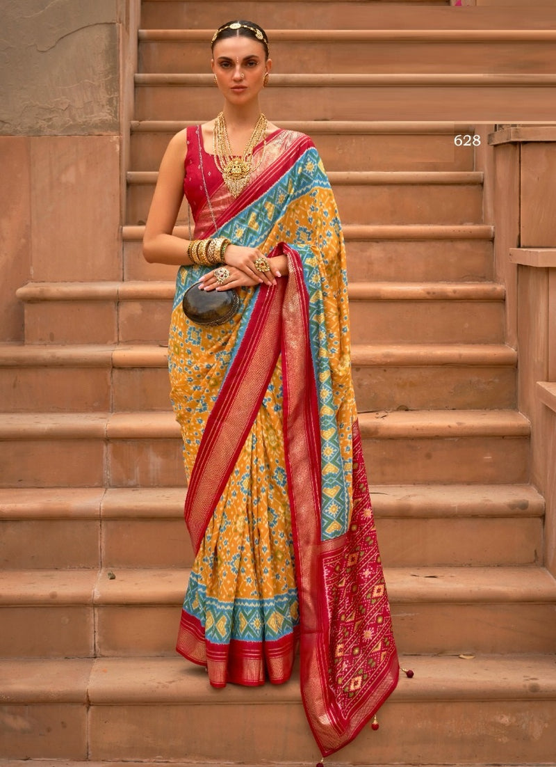 Yellow And Pink Patola Silk Saree