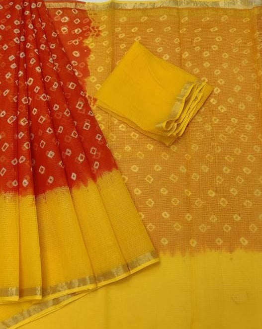 Yellow And Red Kota Doria Bandhani Saree, Fancy Saree , Party Wear Saree