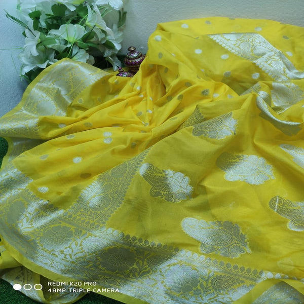 Yellow Banarasi Semi Georgette Saree ,Banarasi Semi Georgette Saree Online, Banarasi Sarees