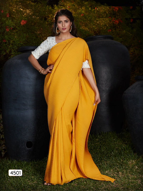 Yellow Silk Pleating Work Saree,Shop Now Designer Pleated Saree Online,Grab Now Pre Pleated Saree