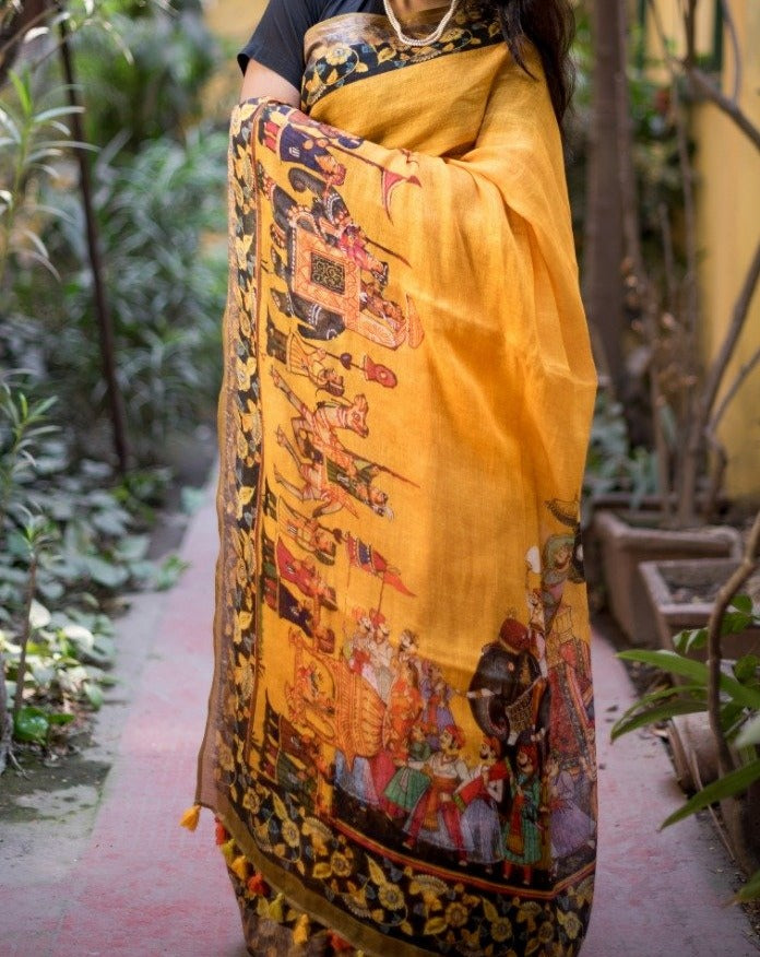 Pure Linen Saree In Yellow,Shop Linen Saree Online,Buy Floral Print At Best Rate