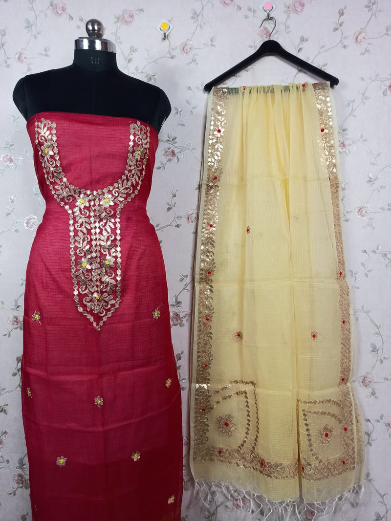 Beautiful Kota Doria Embroidery Work Suit In pink and creamkota doria suits in jaipur