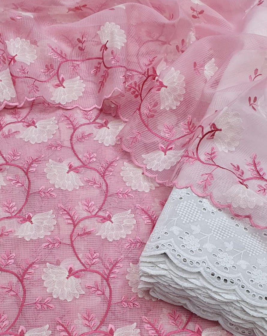 Baby Pink Kota Doria Embroidery Work Suit,kota doria suits in jaipur