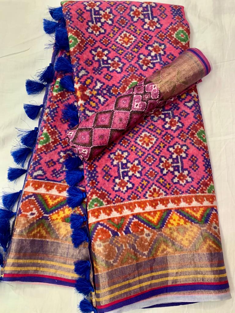 Pink Linen Saree With Patola Print