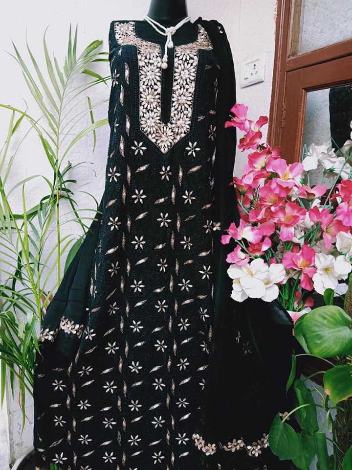 Black Georgette Chikankari Gota Salwar Suit,Shop Lucknowi Chikankari,Shop Chikankari Dress Material