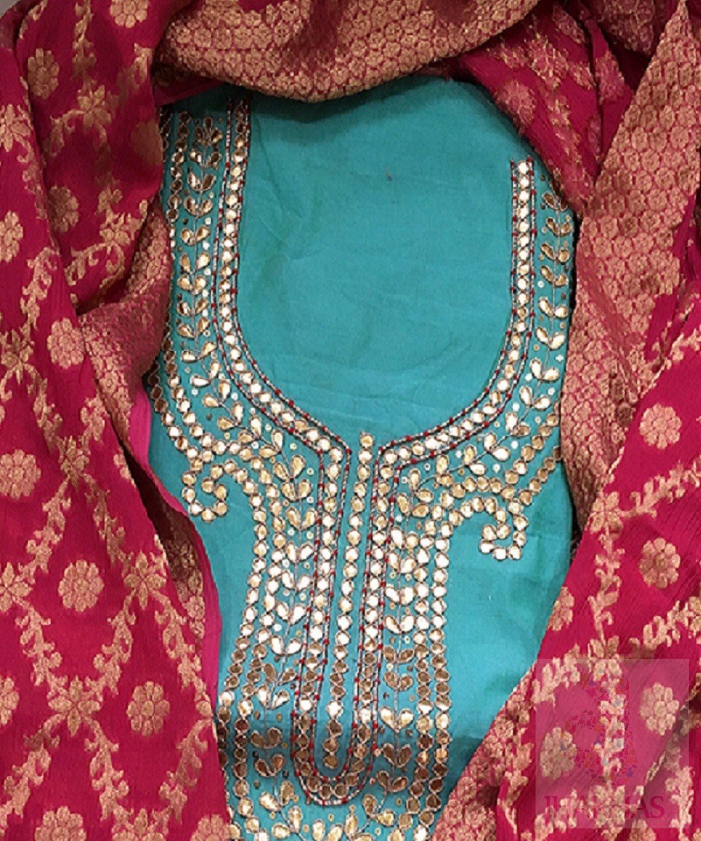 Blue Gota Patti Kurta With Pink Banarsee Dupatta - jhakhas.com