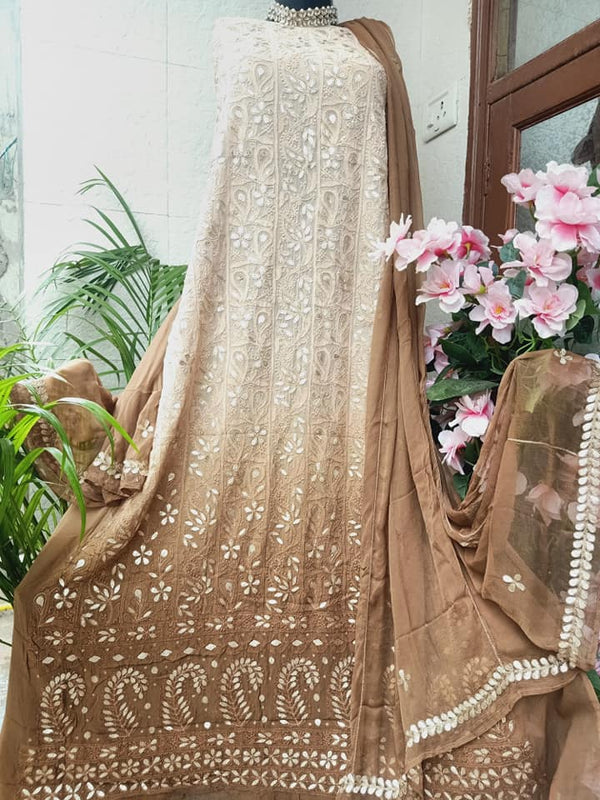 Pure Georgette Chikankai Gota Salwar Suit In Brown,Authentic Chikankari Dress Material,Best Lakhnawi Suits