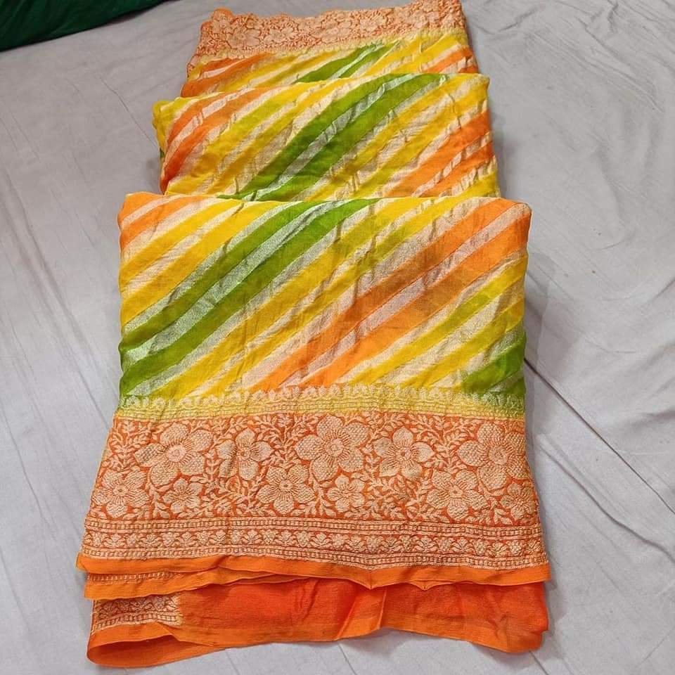 Yellow-Orange Banarasi Meenakari Chiffon Saree for Party