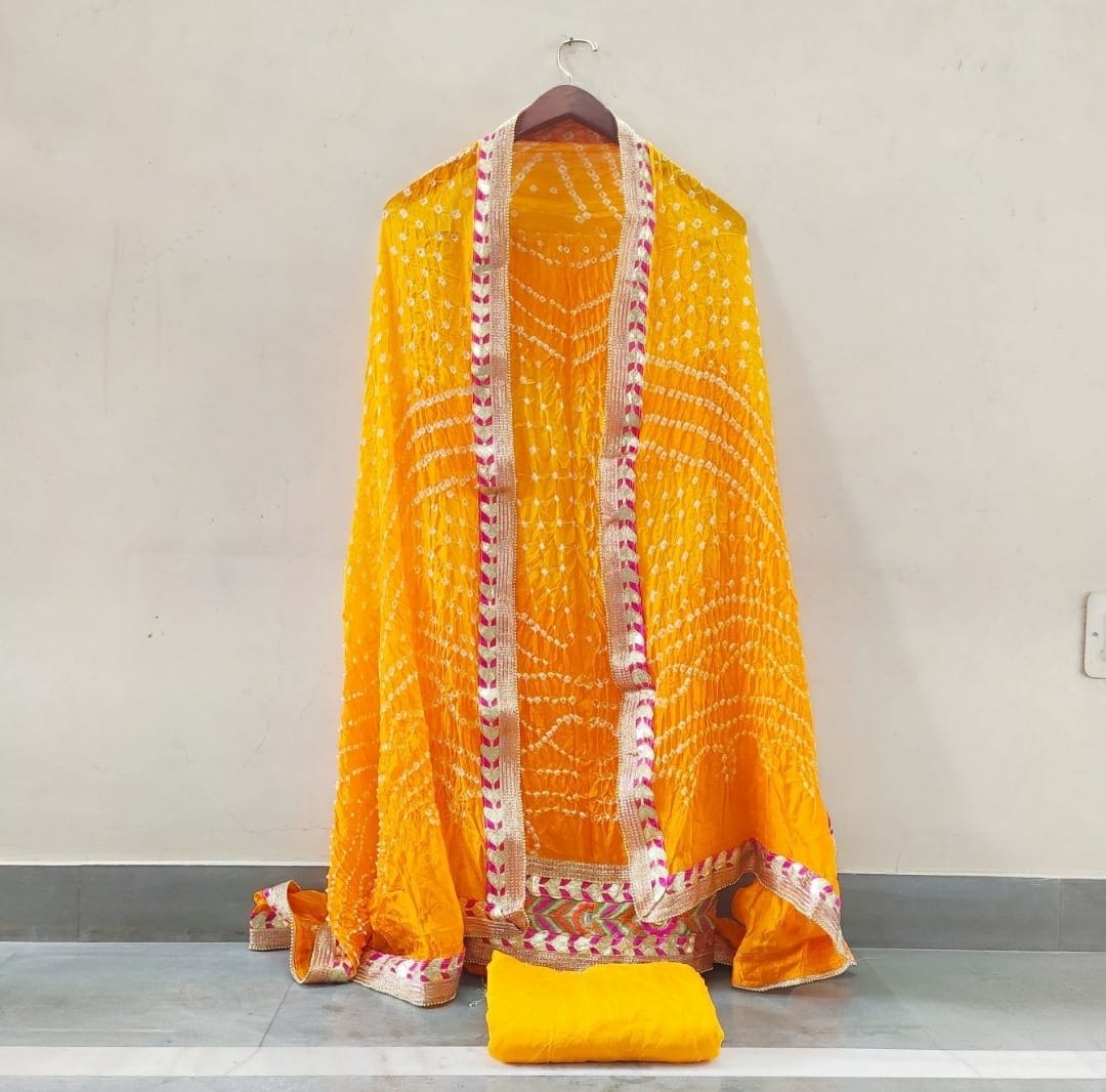 Yellow Bandhej Silk Gota Suit,Buy Bandhani Gota Patti Suit Set Online,Latest Bandhej Gota Patti Suit Set At Affordable Rate