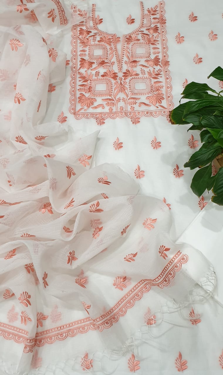 Kota Doriya Embroidery Work Suit In Peach