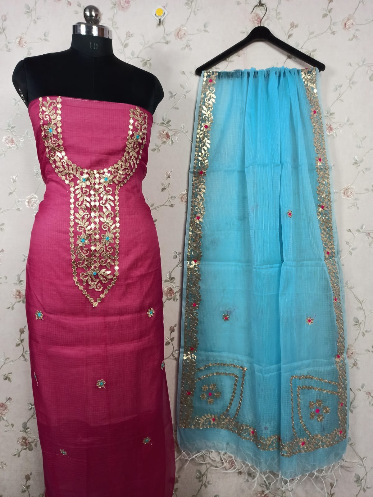 Kota Doria Embroidery Work Suit In pink and bluekota doria suit material