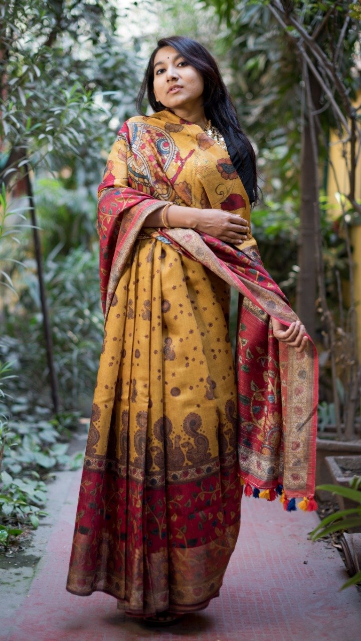 Pure Linen Saree Online In Yellow,Buy Digital Print Saree Online,Latest Printed Linen Saree At Affordable Rate