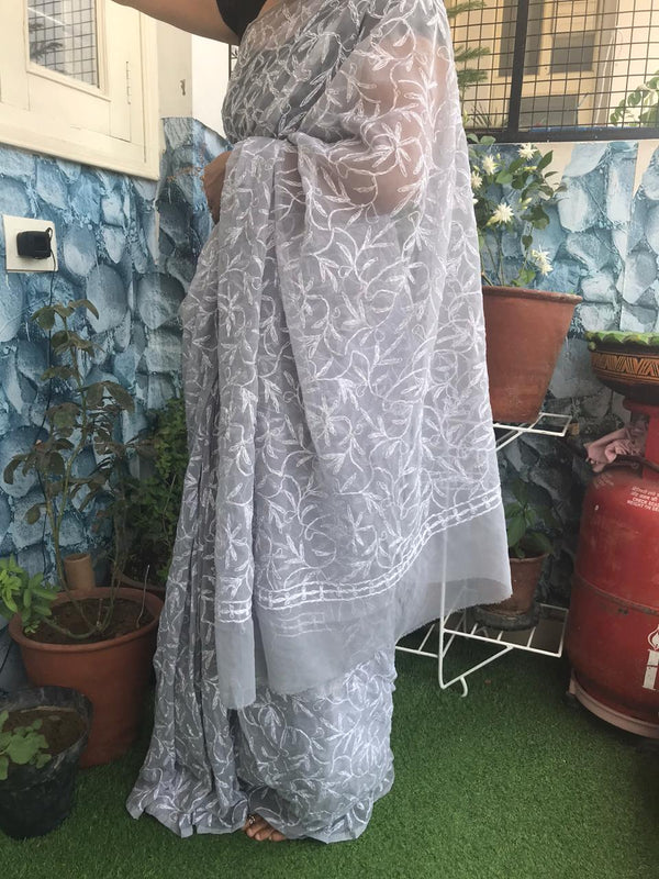 grey lucknowi tepchi work saree