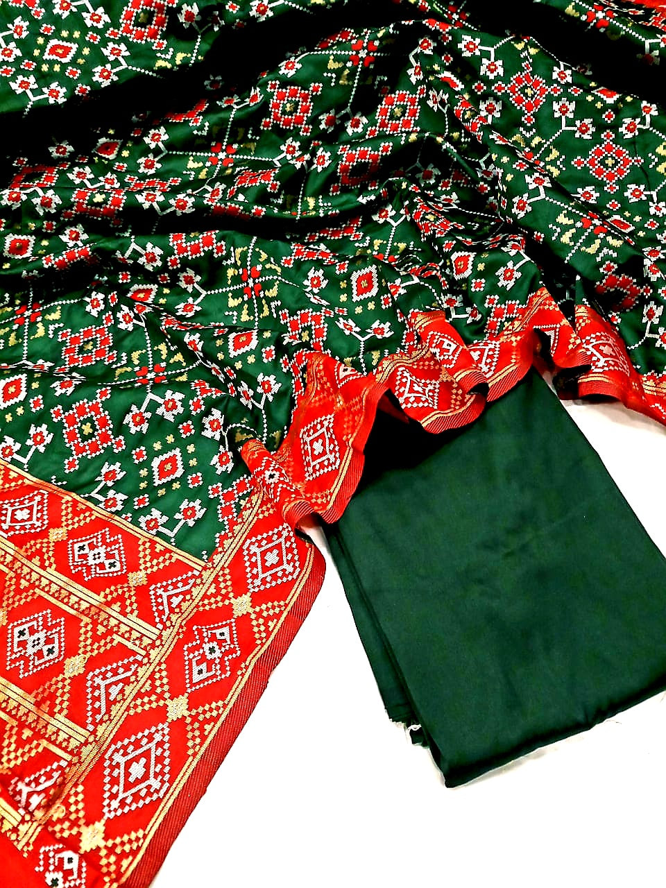 Green Banarasi Silk Katan Patola Design Suit