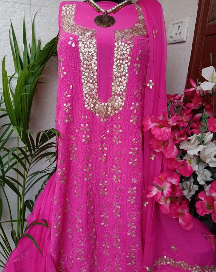 Hot Pink Chikankari Gota Salwar Suit,Buy Chikan Suit Latest Design,Buy Chikan Suit Latest Design