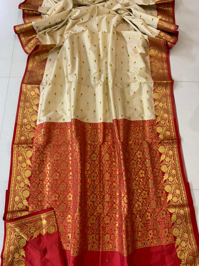 Banarasi Silk Saree In Cream & Red,Upada Silk Saree,Silk Sarees Online 