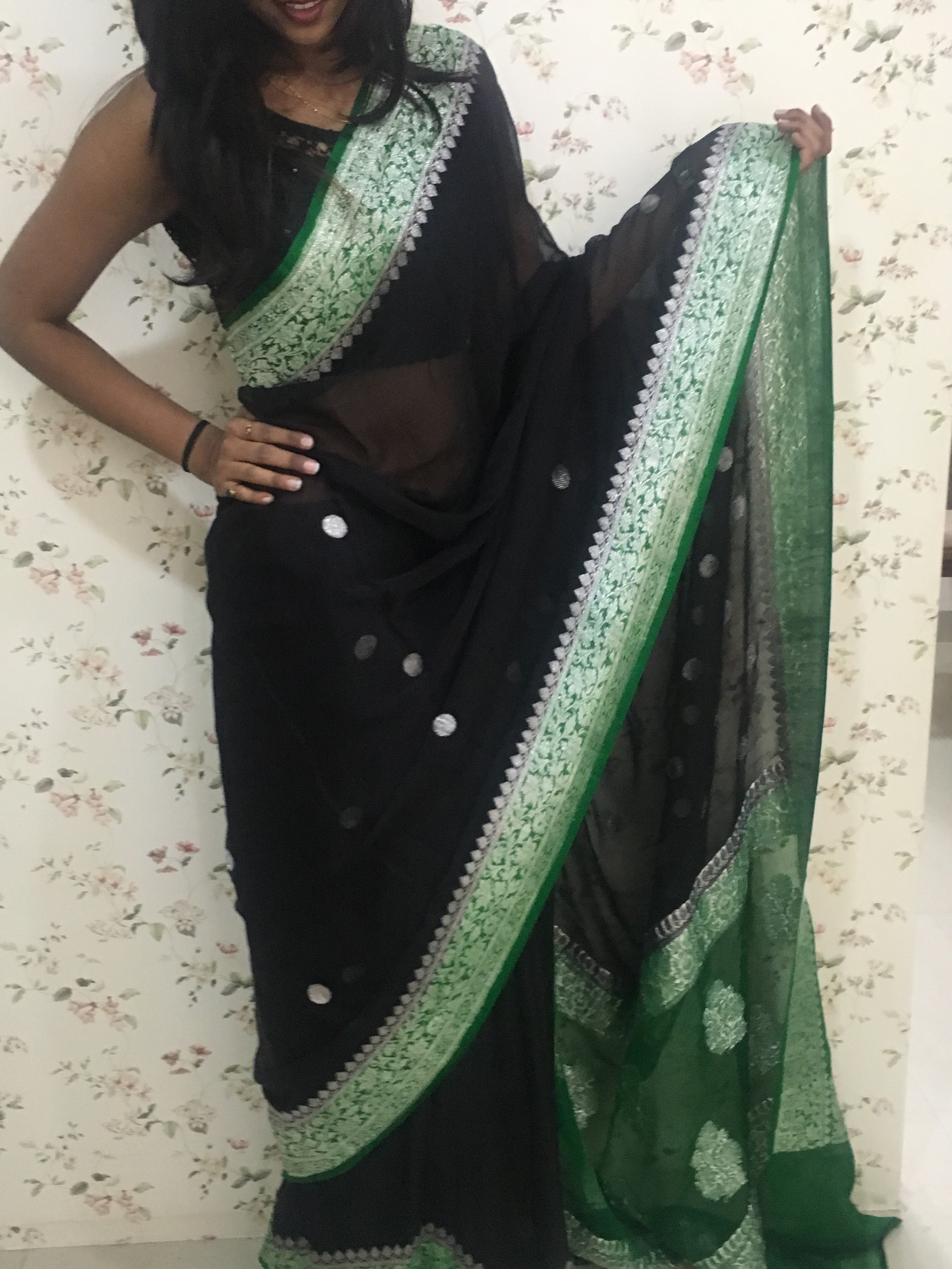 Royal Black-Green Buti Jaal Banarasi Chiffon Saree