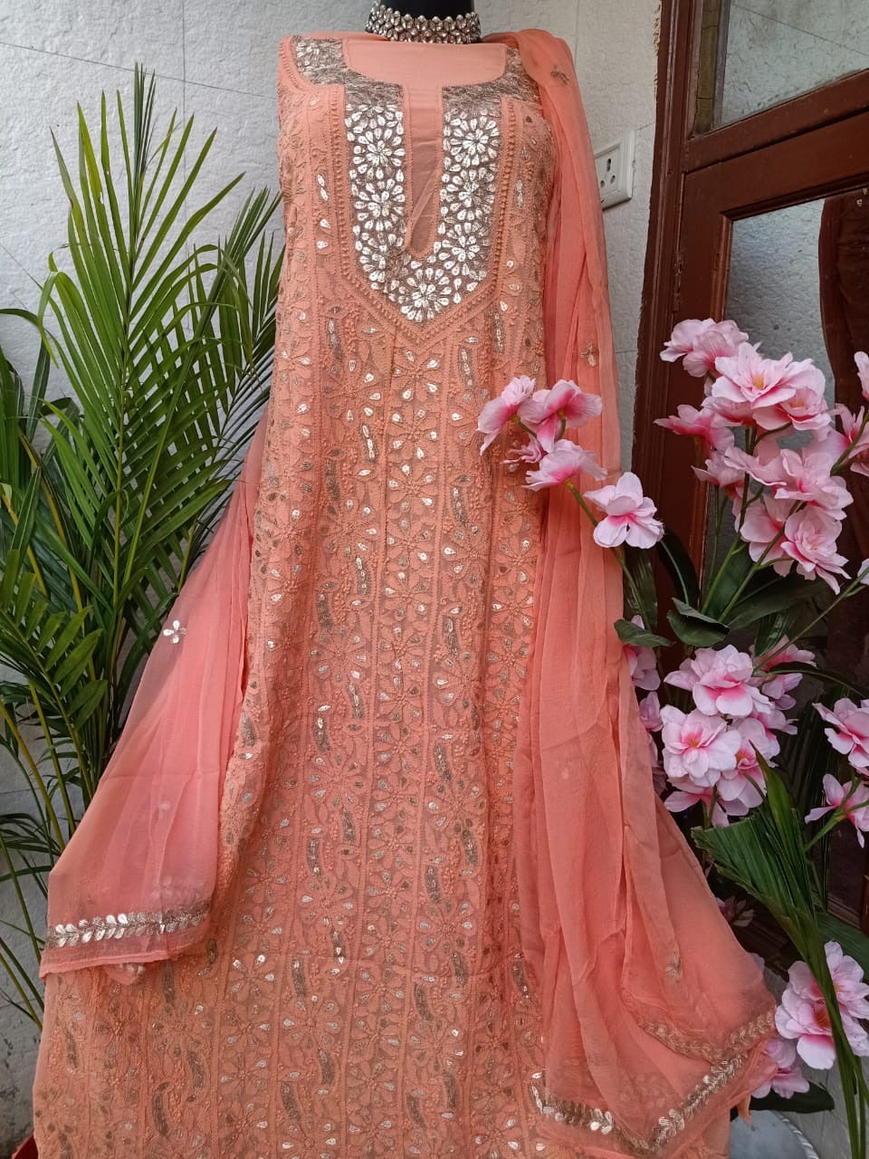 Chikankari Gota Salwar Suit In Orange,Best Chikankari Unstitched Suits,Authentic Party Wear Chikankari Suits Online