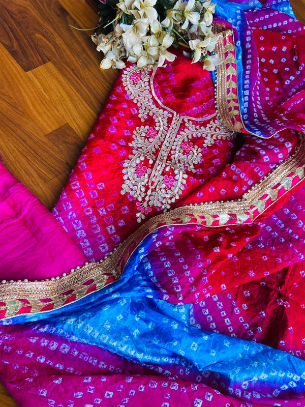 pink bandhej suit with gota patti work 