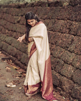 Cream Banarasi Soft Silk Saree With Blouse