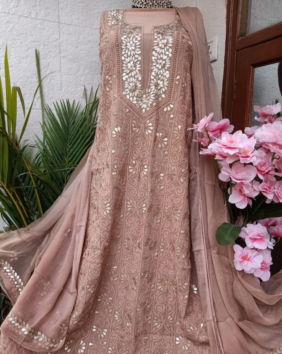Brown  Chikankari Gota Salwar Suit,Shop Chikankari Dress Material,Shop Lucknowi Dress