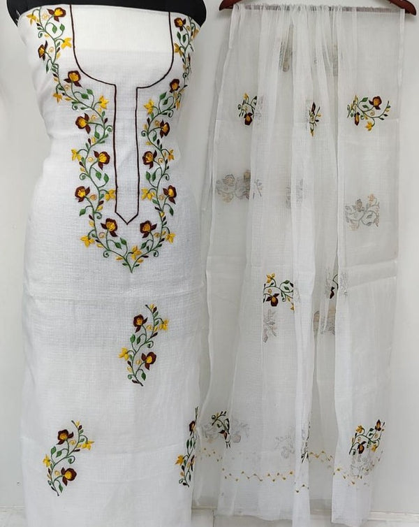 Kota Doria Embroidery Work Suit In White,kota doria suits with price