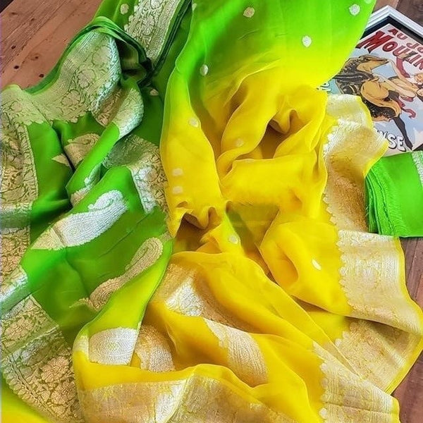 Beautiful Banarasi Khaddi Georgette Saree in Yellow and  green,Wedding Saree, Indian Sarees, Online Sarees