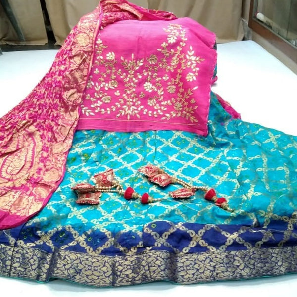 Banarasi Bandhani Lehenga in Blue and pink - jhakhas.com