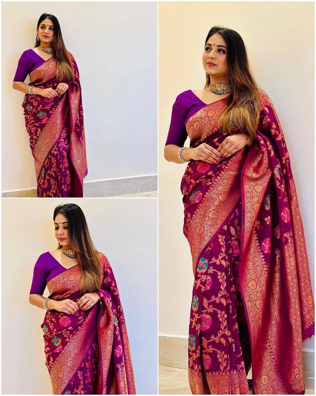 Purple Banarasi Soft Silk Saree With Blouse