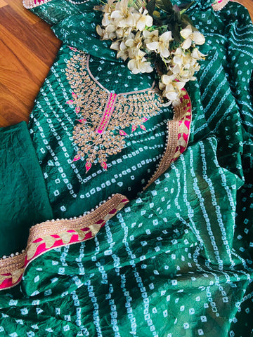 Green Bandhej Silk Gota Work Suit Set
