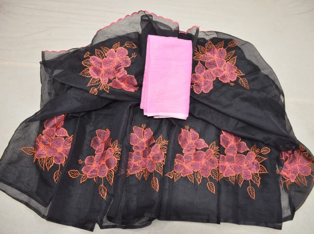 Shop  Kota Doria Embroidery Work Sari In Black, Kota Sarees Sale