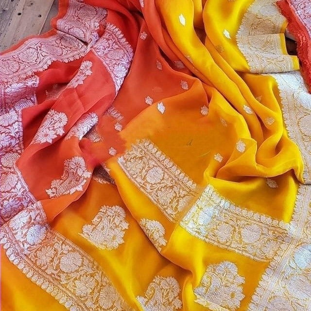 Beautiful Banarasi Khaddi Georgette Sarrree in orange and yellow,Wedding Saree, Indian Sarees, Online Sarees