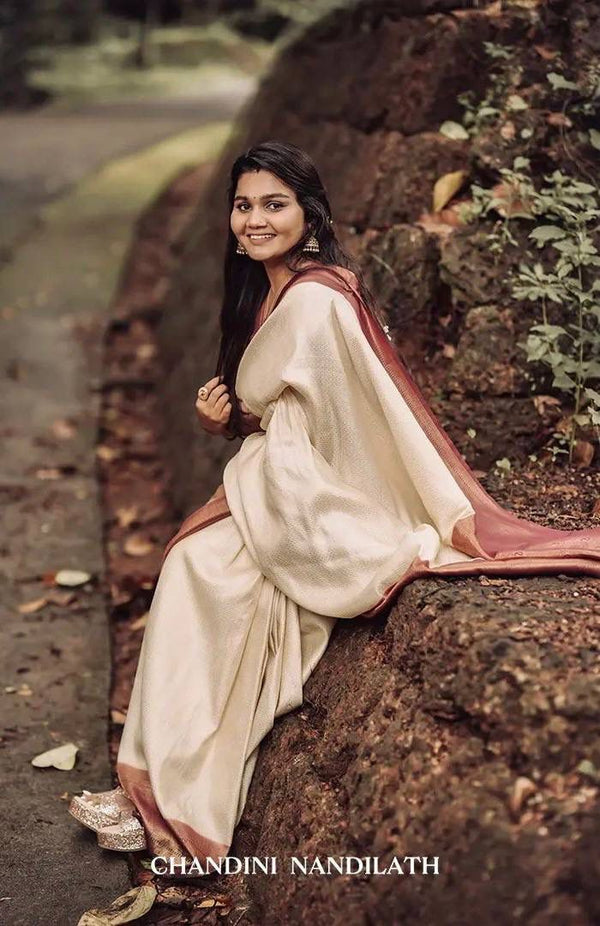 Cream Banarasi Soft Silk Saree With Blouse