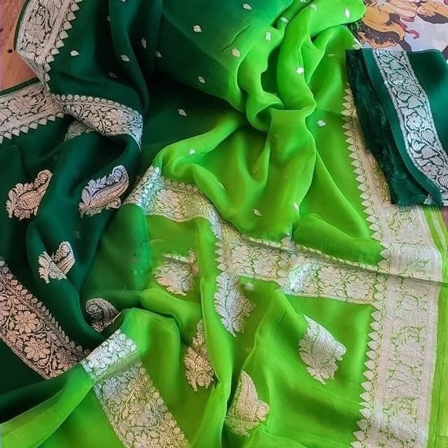 Beautiful Banarasi Khaddi Georgette Saree in Bottle green and light green,Wedding Saree, Indian Sarees, Online Sarees