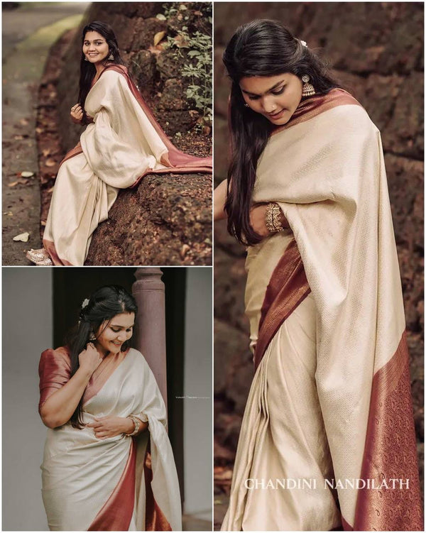 Cream Banarasi Soft Silk Saree With Blouse