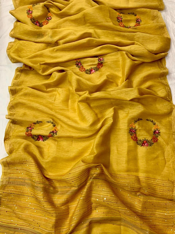 Mustard Pure Linen Embroidred Saree, Pure Fabric Saree, Shop Online At Jhakhas.Com 