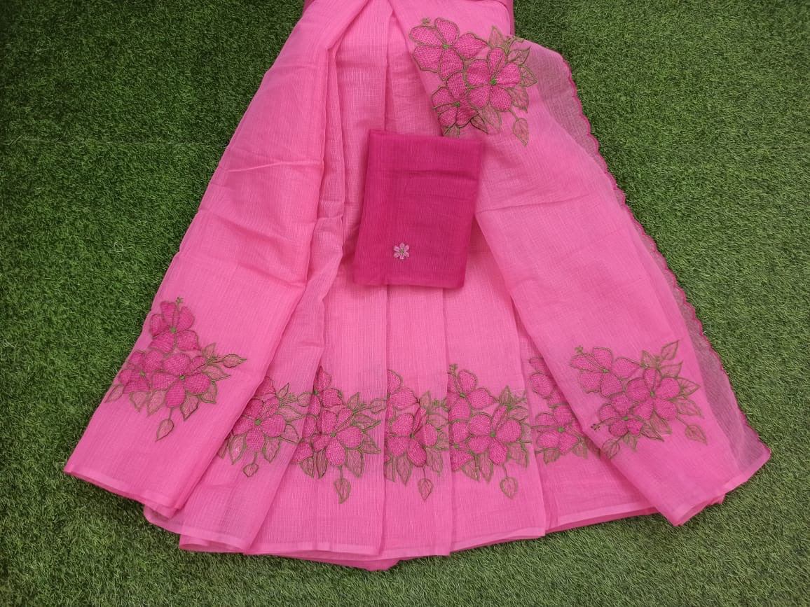 Buy Pink Kota Doria Embroidery Work Sari, Kota Doria Sarees