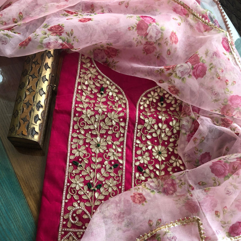 Pink Punjabi Gota Patti Kurti With Organza Dupatta,Shop Bandhej Gota Patti Salwar Suit Online,Buy Bandhani Gota Patti Salwar Kameez At Best Rate