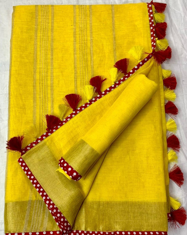 Gorgeous Linen Border Saree Yellow, Traditional Saree , Thread Work , Online Saree