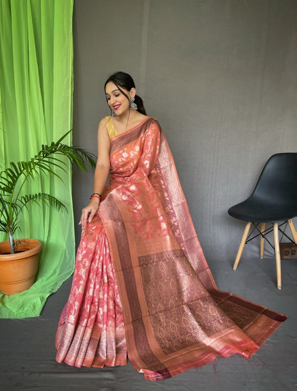 Peach Organza Silk Saree