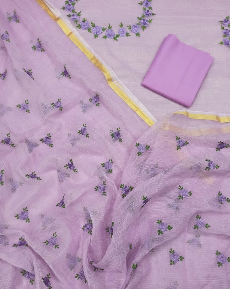 Shop Kota Doria Embroidery Work Suit In Purple,kota doria suit material