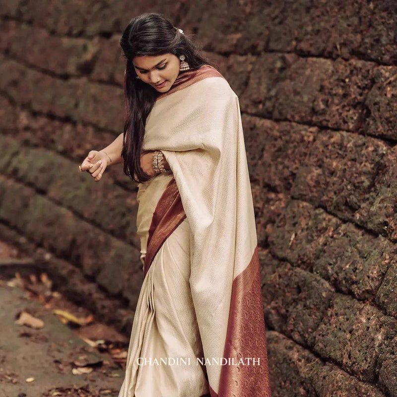 Cream Banarasi Soft Silk Saree With Blouse