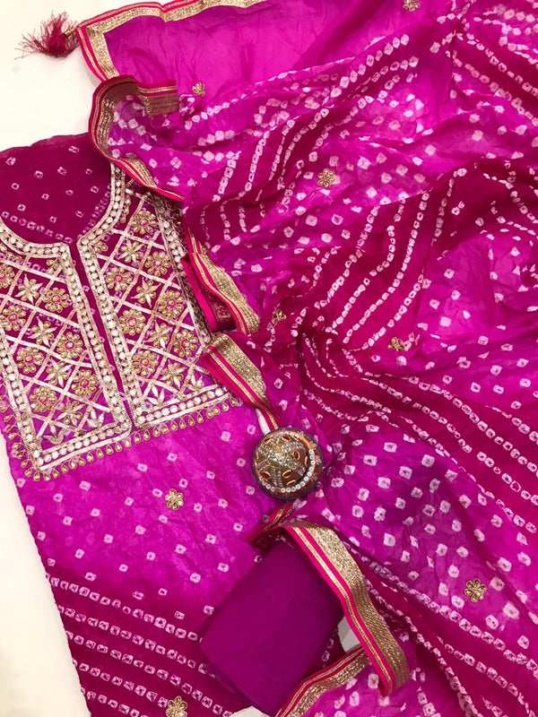 PinkHeavy Bandhani Suit With Gota Patti Work,Buy Bandhani Gota Patti Suit Set Online,Latest Bandhej Gota Patti Suit Set At Affordable Rate