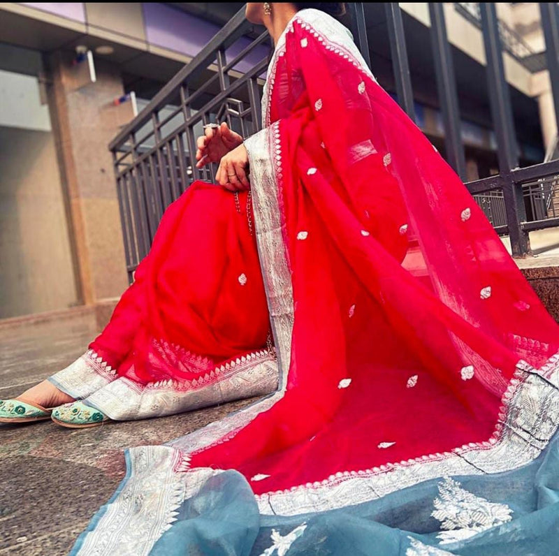 Red Gray Banarasi Khaddi Georgette Saree,Wedding Saree, Indian Sarees, Online Sarees