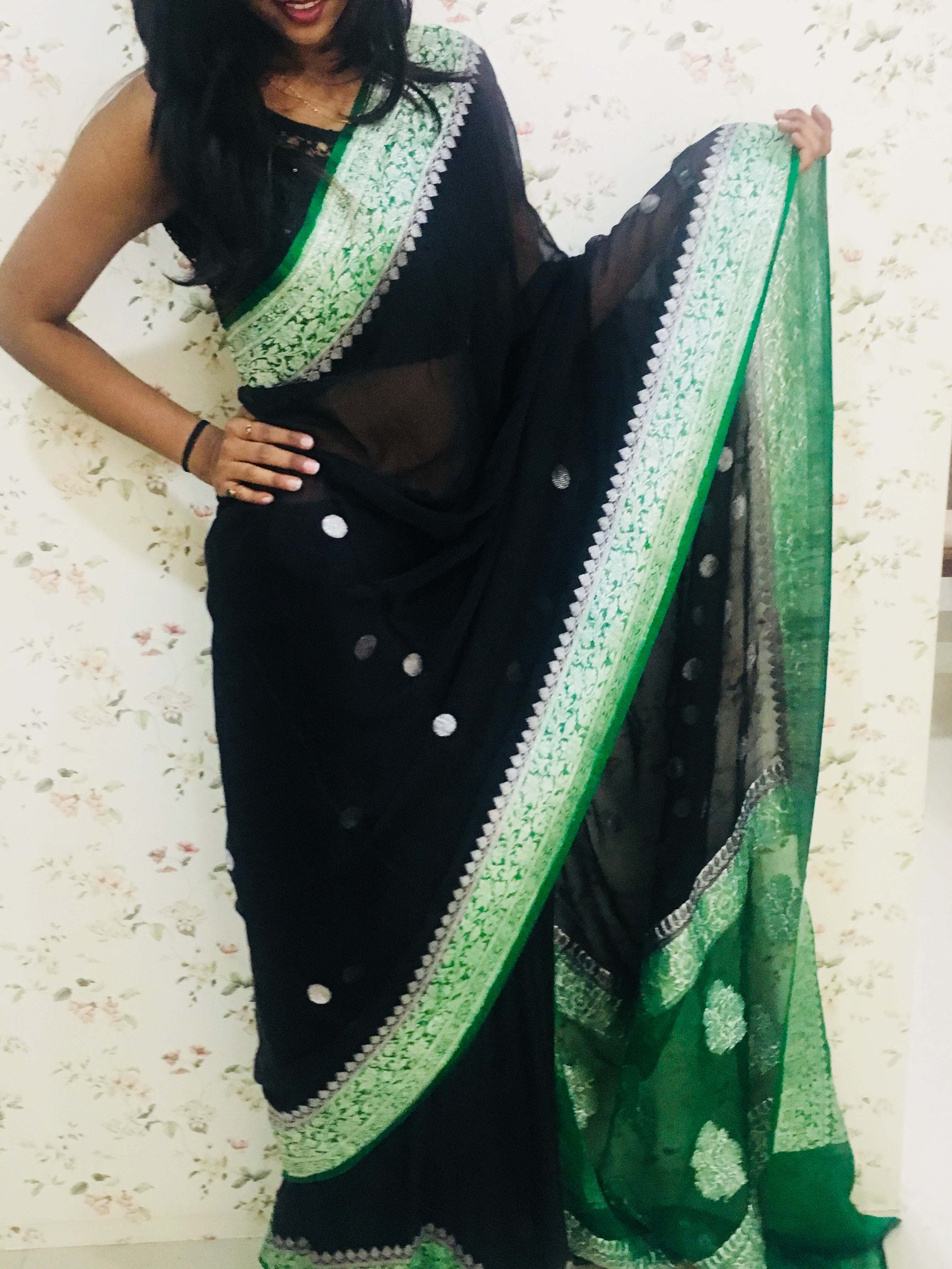 Royal Black-Green Buti Jaal Banarasi Chiffon Saree