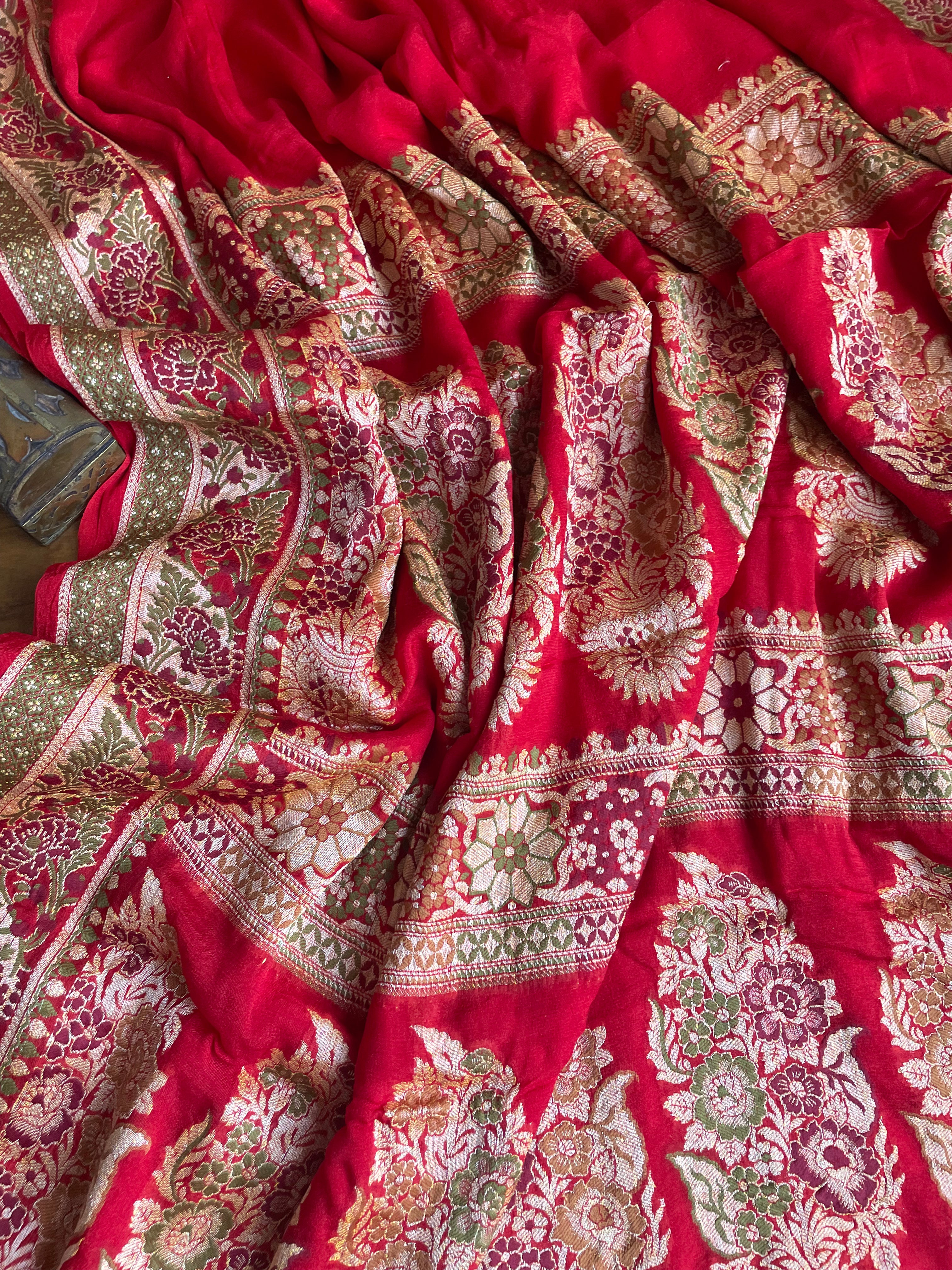 Rose Red Meenakari Banarasi Chiffon Elegant Saree