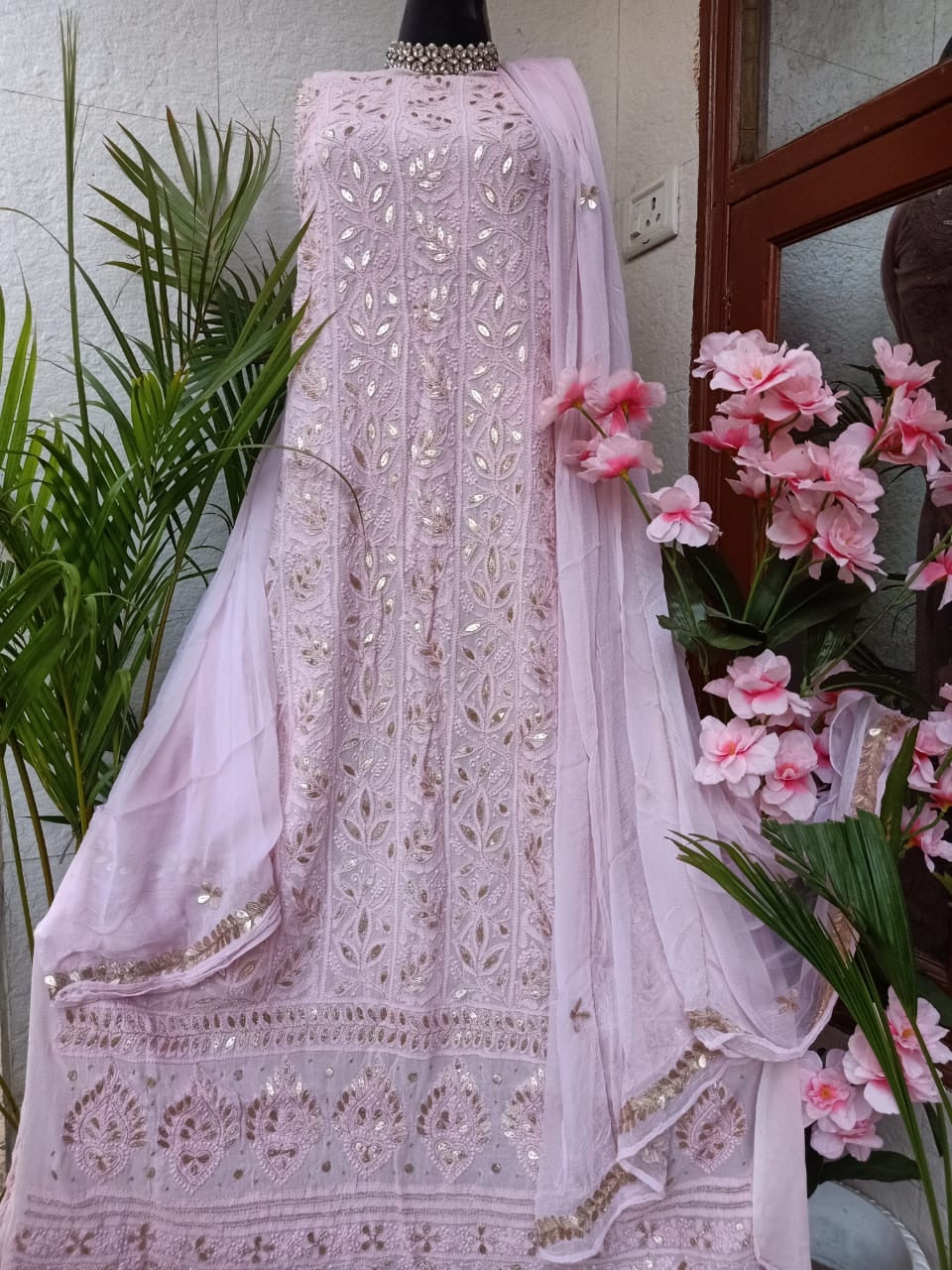 Chikankari Gota Salwar Suit In Baby Pink,Buy Lakhnawi Suits,Shop Lucknowi Dress