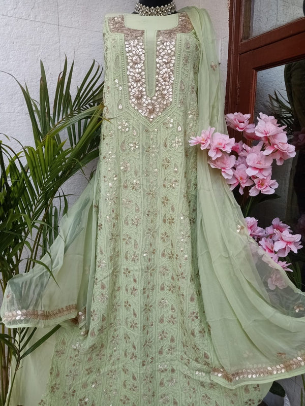 Pure Chikankari Gota Salwar Suits In Green,Authentic Chikankari Dress Material,Best Lakhnawi Suits