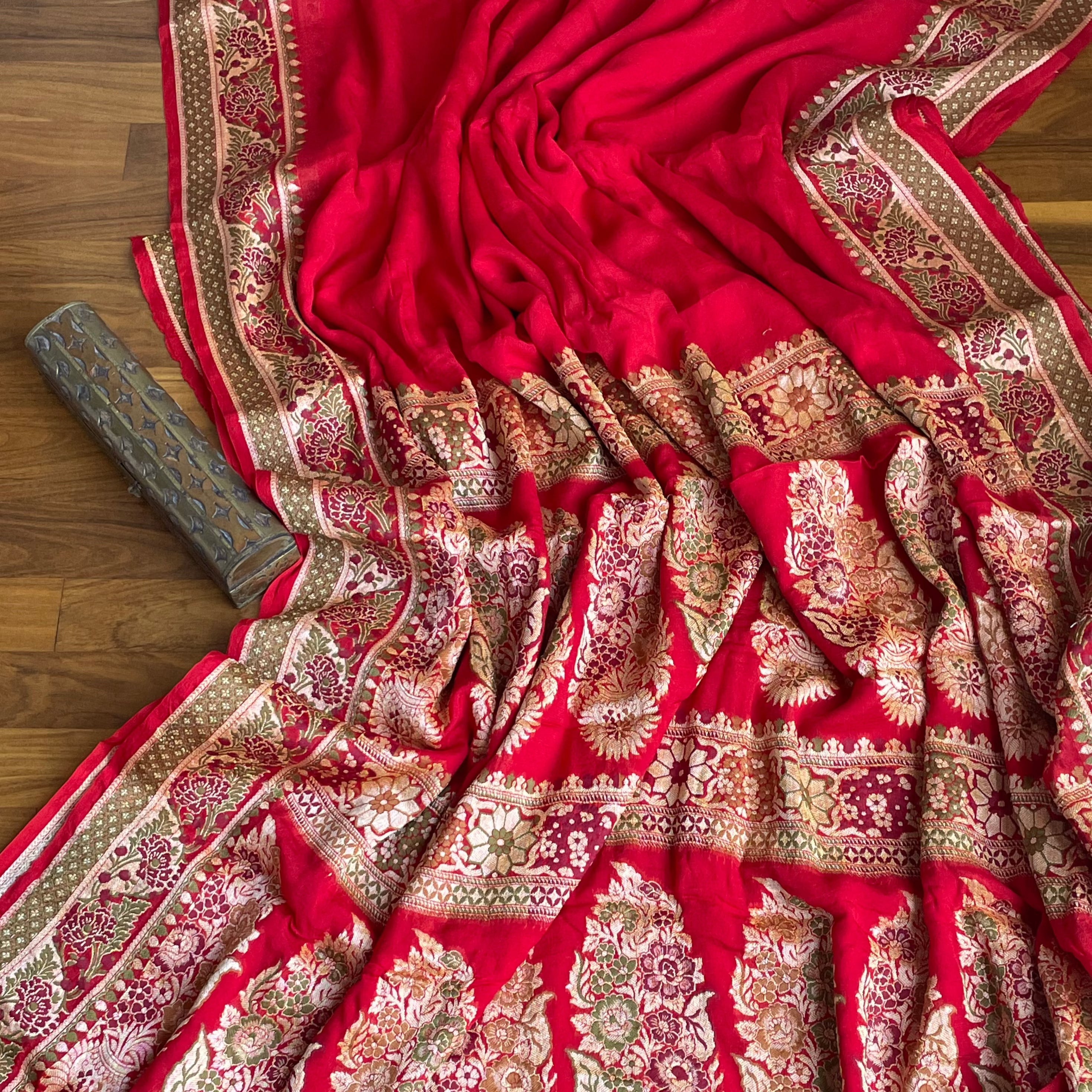 Rose Red Meenakari Banarasi Chiffon Elegant Saree